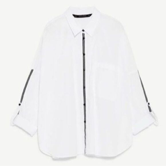 Zara Basic Editions White With Navy Contrast Piping Relaxed Button Down Shirt XS - Picture 1 of 6